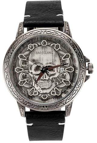 Baojulong Coole Herren-Armbanduhr mit Totenkopf-Zifferblatt und Lederband für Männer, Geschenke, Coole Herren-Armbanduhr mit Totenkopf-Zifferblatt und Lederband
