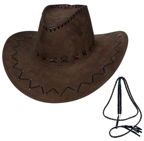 labreeze Erwachsene Indiana Jones Sued Look Braun genäht Cowboyhut mit geflochtener Stierpeitsche Wild Western Fasching
