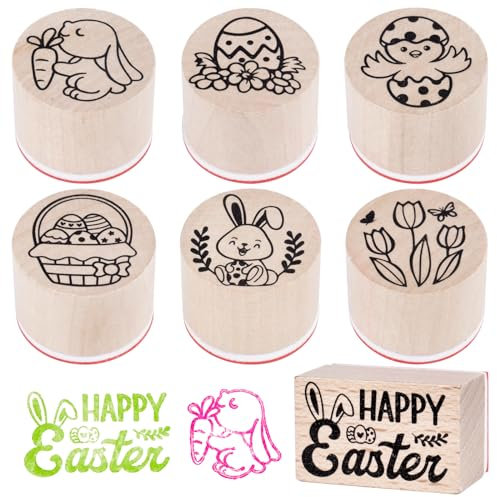 BETESSIN 7Pcs Stempel Holz Ostern Holzstempel Frohe Ostern Stempelset zum Karten Basteln Sprüche Rund Motivstempel Osterhasen Ostereier für Kartenherstellung Scrapbooking Bullet Journal