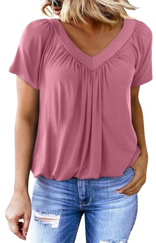 Dokotoo Ladies Tops Summer Short Sleeve V-Neck Women's T-Shirts Loose Fit Women Tee Shirts Casual Solid Color Oversized Womens Blouses Top S-XXL