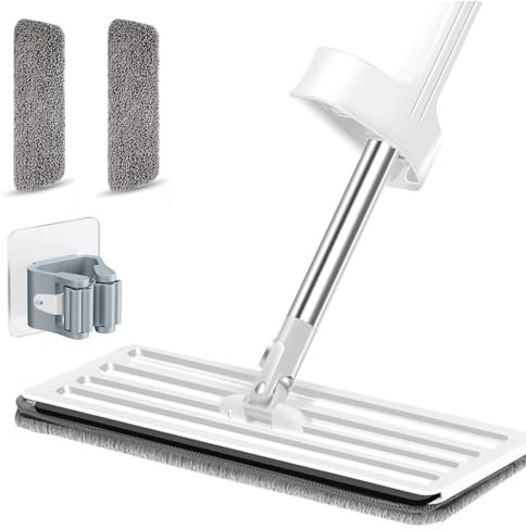 Microfibre Flat Mop,360 ° Hands-Free Self Wringing Floor Cleaning Mop,Self Wringing with 2 Reusable Microfibre Pads,Hands Free Floor for Cleaning Hardwood,Tile,Laminate,Marble (white)