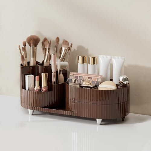 MUUKAIII Organisateur Maquillage Rotatif 360 Degrés, Organisateu Pour Maquillage et Bijoux, Stockage Boîte Cosmétique Multifonctionnel pour Chambre, Coiffeuse - Lait Thé Marron