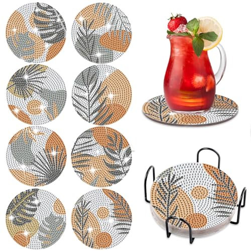 8 posavasos de diamantes de hojas amarillas para manualidades, posavasos de pintura de diamantes con soporte, posavasos decorativos de madera con kit de pintura de diamantes para adultos, niños
