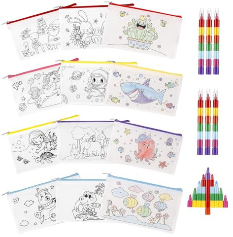 Lvefyti 12 Federmäppchen zum Bemalen und 6 Stapelbare Wachsmalstifte für Kinder(7 Farben in 1), DIY Taschen Zum Bemalen Kinder,Kindergeburtstag Basteln,Gastgeschenk Kindergeburtstag