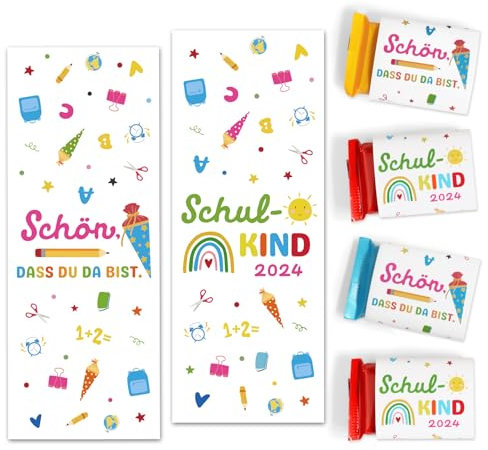 BOOMTOP 50 Schokoladenbanderole Schulanfang Schokolade Aufkleber Schulkind 2025 Schön dass du da bist Mini Schokoladen Banderolen Selbstklebend Sticker Gastgeschenk zur Einschulung