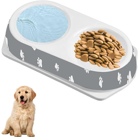 Grey Pet Double Diner Bowl- Dual Feeder for Cats and Dogs with Paw Print | 2 Plastic Bowls for Food & Water | Spill-Proof, Non-Skid Base, Durable & Easy to Clean