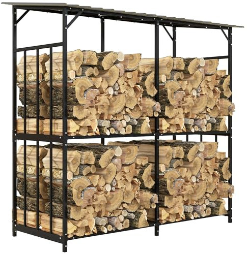Outsunny Kaminholzregal außen, Holzunterstand 1,17 m³ Brennholzregal mit Abdeckung aus Metall, Belastbarkeit 100kg, Stahl, 186 x 75 x 185cm, Schwarz