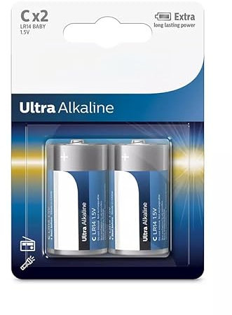 C/LR14 Alkaline Battery Pack of 2 offers 30% more durability, perfect for high energy consumption devices, ensures long lasting performance for your appliances.
