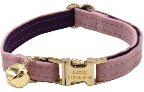 Personalisiertes Katzenhalsband mit Namensschild, verstellbares Samt Katzenhalsband mit Glocke, Haustier Halsband mit Name Telefonnummer Gravierte ID Tags (Pink Purple)