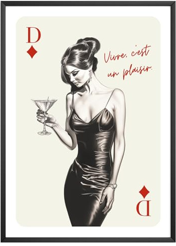 MJ-GRAPHICS® Poster Frau Cocktail Bild Bar Party Deko Kunstdruck Wohnzimmer Wandbild Schwarz Weiß Vintage Modern Design Kunst Elegante Lady Alkohol Club Kunstwerk – A2 Ohne Rahmen