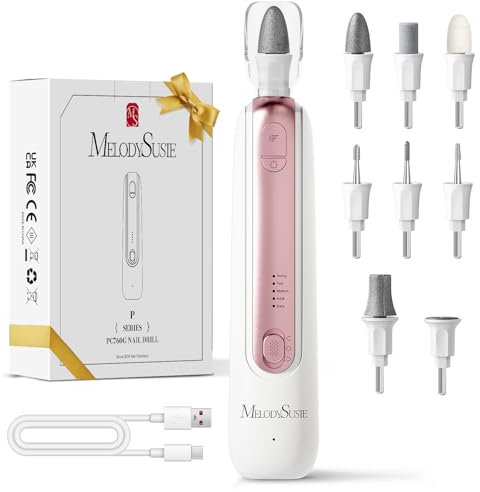 MelodySusie Kit de Manucure et Pédicure Professionnel, PC760G Ensemble de Ponceuse Électrique 8-en-1 avec 5 Vitesses, Rechargeable et Sans Fil, avec Lumière LED à 360°, Blanc&Rose