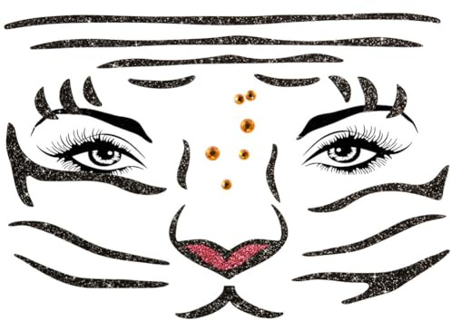 Alaoo Tatuaggi Temporanei Per Bambini, Adesivi glitterati per bambini, Adesivi Tatuaggi Temporanei per il Viso di Animale, Adatto per il trucco di Halloween, carnevale, festa di compleanno(Tigre)