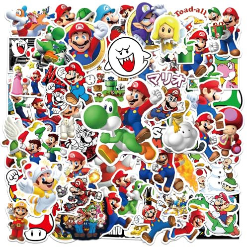Ainvliya 100PCS Super Bro Cartoon Kawaii Stickers, PVC Waterproof Vinyl, Cute Decals for Kids, Anime, Skateboard, Laptop, Water Bottle, etc.
