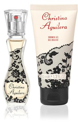 Christina Aguilera – Signature Geschenkset 2-teilig; floraler Amber-Duft; schwarzer Johannisbeertee, Pfingstrosen & Amber; exotisches glamouröses 150 ml Duschgel + 30 ml Eau de Parfum für Damen