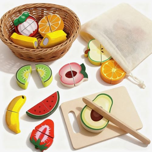 Holz Obst Zum Schneiden Spielküchen Spielzeug Zubehör Holz ab 1 Jahre | Kinderküche Zubehör Holz für Kinder Spielküche Küchenset mit Klett-Verbindung Montessori Spielzeug Geschenk für Die Kleinen
