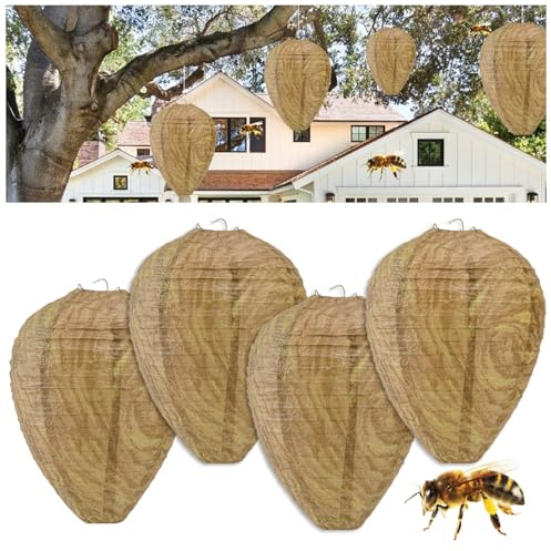 4 Packungen Wespenfallen Papier Wespennest Lockvogel Gefälschte Nest Outdoor Hängende Hornissen Bee Gelbe Jacken Nest Wespenvernichter Wespenabwehr für Terrasse, Hof und Garten