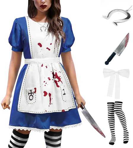 For G and PL 5PCS Damen Halloween Kostüm Anime Maid Kleid Cosplay Outfit | XS–XXL, Schleife, Halskette, Messer-Attrappe, Socken und Blutflecken Kleider für Hausmädchen-Cosplay und jeden Anlässe