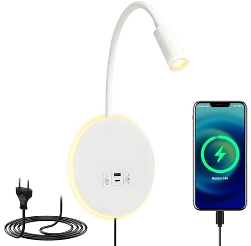 Leselampe Wandmontage, Schwanenhals Lampe Weiss, 360° Schwenkbar Schwanenhals mit Stecker, Dimmbar Bettleuchte Mit USB-Ladeanschluss, LED Wandlampe Leselicht für Schlafzimmer Hotels Nachttischlampe