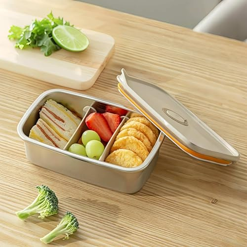Baffect Brotdose Edelstahl FüR Kinder, Kindergarten Brotdose Mit 3 FäChern & Dampfventil Deckel, Klein Metall Bento Box (850ml)