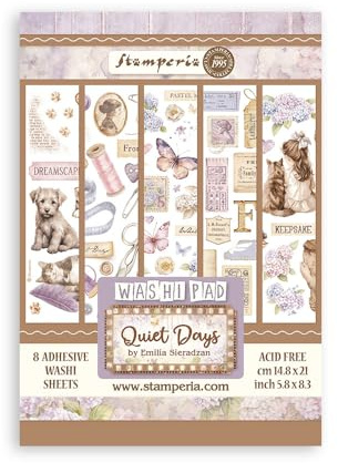 Stamperia - Washi Pad for Scrapbooks, Albums, Cards, Bullet Journals and More, Translucent and Easy to Cut, Acid Free, Perfect for Hobbies, Crafts, and Gifting (Quiet Days) (A5) (8 Sheets)