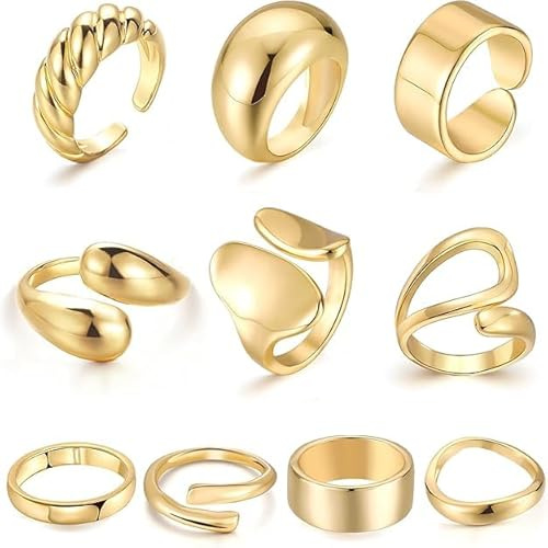 SHOFUL 10 teiliges Set goldener Ringe für Damen, anlaufgeschützt, 18 Karat vergoldet, massive, stapelbare Ringe, Statement Ring Set für Damen