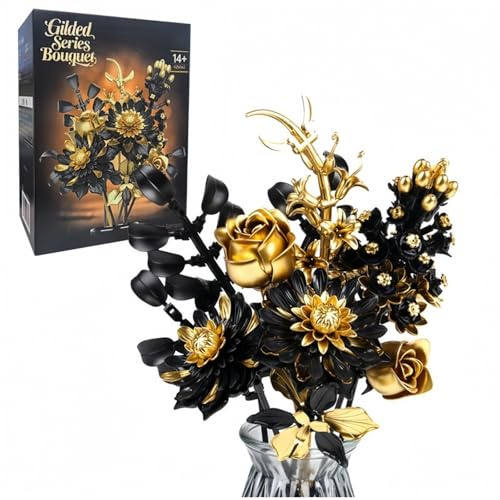 SymGrpu Black & Golden Flowers Bouquet Building Set, Roses Dahlias Botanical Building Bricks Kit, DIY Artificial Floral Arrangement for Desk Centerpieces, Luxury Home Decor, Gift for Adults Women