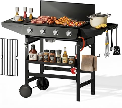 MFSTUDIO 3-in-1 Stove and Griddle Combo Gas Grill BBQ Barbecue 4-Burner Propane Grills 52,000 BTU High Output for Outdoor Patio Barbecue and Meals