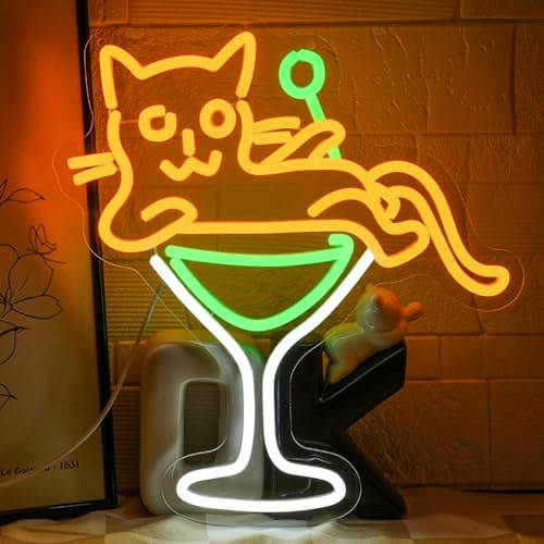 LULANMP Katze Martini Neon Schild Cat LED Schild Bar Neon licht Tier Leuchtreklame Cocktail Leuchtschild für KücheWohnkultur Cocktail Lounge Katzenliebhaber Geschenk