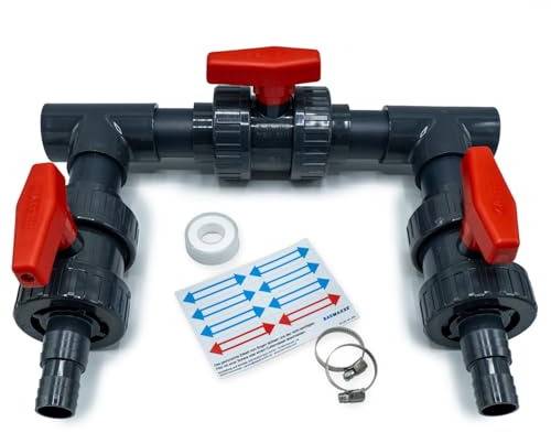 Baumaxxe Pool Bypass Set 50mm I 13-teilig mit 3 Kugelhähnen, 2 Schlauchtüllen 32/38mm, 2 T-Stücken, 4 Rohren I Für Wärmepumpe Solarheizung 40mm Poolverrohrung 32mm & 38mm Poolschläuche I bm369