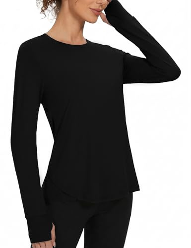 Gyabnw Women's Gym Top Long Sleeve Crew Neck Quick Dry Black