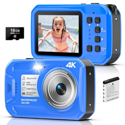 Yixinxin Unterwasserkamera, 4K 64MP 16FT wasserdichte Digitalkamera | Autofokus, wasserdichte Kamera zum Schnorcheln, IPS HD Bildschirm, 16X Digitalzoom und 16GB Karte