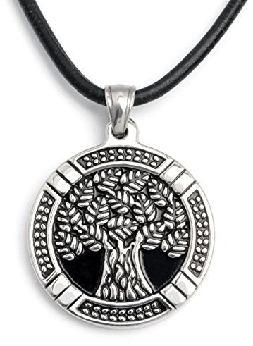 316L Edelstahl Anhänger Baum Yggdrasil Medaillon nordisch silber detailliert 1m Lederband Bikerschmuck