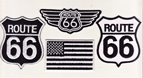 B2SEE Iron on Bügel USA Miltär Aufnäher Patches Flicken Aufbügler Applikation Kleidung USA Route 66 4 Stück (schwarz Weiss)
