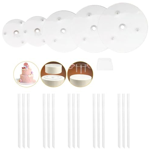 Tortenstützen für Mehrstöckige Torten - Weiß 5 Tortenständer, Kuchenbasis mit 15 Stück Dübelstangen,Wiederverwendbar für Gestufte Gestapelte Kuchen, zur Hochzeit Gebursttag Party Festival