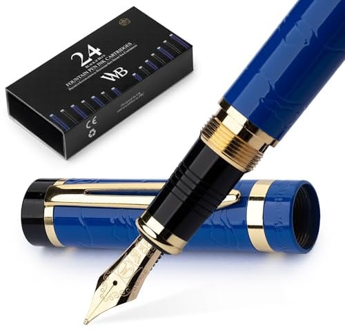 Wordsworth & Black Primori Fountain Pen Set [Blue Gold]; Medium Nib, Gift Case, 24 Ink Cartridges, Refill Converter, Manual; Journaling, Calligraphy, Smooth Writing Pens; Left and Right Handed
