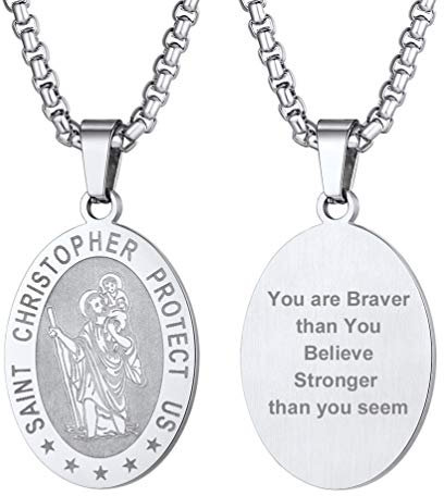 PROSTEEL Kette für Damen Herren Edelstahl Heiliger Christophorus Anhänger Halskette St. Christopher Motiv personalisiert Oval Medaille Schutzpatron der Reisenden Amulett für Geburtstag