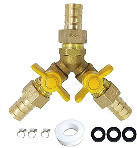 LOZOME 5/8 Zoll Schlauchstutzen 3-Wege-Absperrkugelhahn mit 2 Schalter, Y-förmiges Ventil, Messing für Wasser, Öl, Gas, Kraftstoffleitungsarmaturen mit 3 Schlauchschellen