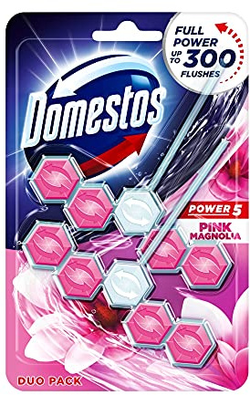 Domestos Power 5 Duo Pack Pink Magnolia Toilet Rim Block limescale prevention toilet blocks full power for up to 300 flushes 2x 55 g