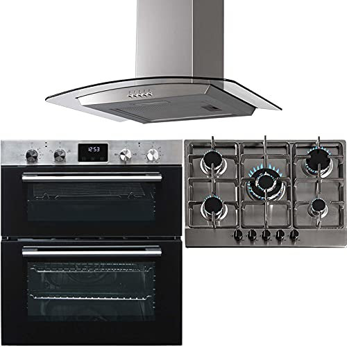 SIA 60cm DO111SS Stainless Steel Double Electric Oven, 70cm SSG601SS 5 Burner Gas Hob With Cast Iron Pan Stands & 70cm CGH70SS Curved Glass Extractor