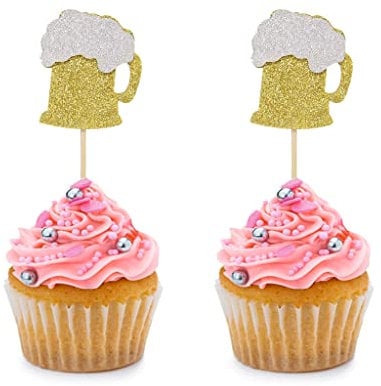 24 PCS Gold Glitter Beer Mug Cupcake Toppers for Baby Shower Wine Hawaii Theme Wedding Party Birthday Party Anniversary Cake Theme Party Decorations Supplies