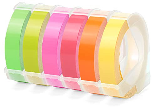 Kompatibel mit Dymo Prägeband 9mm als Ersatz für Dymo Omega Etikettenband für Dymo Omega Junior Etikettenprägegerät, Klebendes Prägebändern Gelb, Pink, Olivgrün, Fluoreszierendes Pink/Orange/Grün