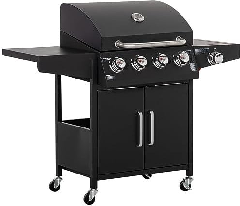 Outsunny Gasgrill BBQ mit 3 Brennern je 3 kw mobiler Grillwagen mit 4 Rädern Grillnetz Seitentischen Druckminderer Schläuche Schrank Multifunktion Metall Schwarz 132,4cm x 55cm x 109cm