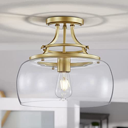 WUZUPS Kronleuchter rustikales Bauernhaus industriell halbbündig Deckenleuchte LED-Leuchte mit Klarglasschirmen für Bad Küche Foyer Eingangsbereich, H 30 x B 34, E27 Sockel, Gold