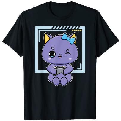 Süße Schwarze Katze Anime Feline Gaming Egirl T-Shirt