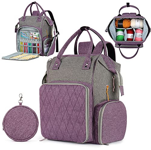 Aeelike Grau-lila Doppelte Schulter Aufbewahrungstasche für Wolle, Multifunktional Stricktasche für Häkelfreunde, Übergröße Häkeltasche für Strickprojekt und Häkelzubehör, Oxford-Stoff(Ohne Zubehör)