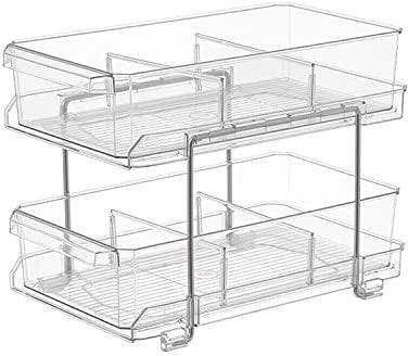 Multi-Purpose Clear Organizer with Dividers, 2 Tier Slide-Out Storage Container for Bathroom Vanity and Kitchens, Cabinet/Countertop Acrylic Drawers Medicine Bins