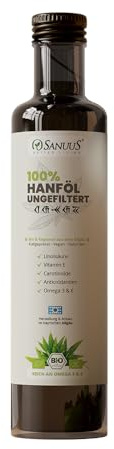 SANUUS Bio Hanföl kaltgepresst 100% ungefiltert 500ml - Rein aus Naturland Hanfsamen ungeschält Bio - Premium Hanföl Bio aus Deutschland zum Braten und Kochen - Reich an Omega 3-6-9 Fettsäuren