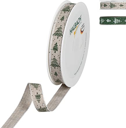 Halbach Geschenkband Tannenbäume, 15 mm x 20 m, leinen/grün/weiß | Weihnachtliches Druckband mit Tannenbäumen, Made in Germany, waschbar bei 30 Grad und wetter-/farbecht