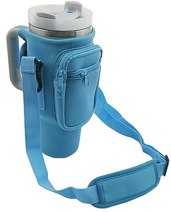 Amsthow Water Bottle Carrier Bag with Phone Pocket Stanley Blue Water Bottle Holder Sleeve with Strap Carrier Tumbler Pouch for Stanley Cup 30 40oz (Blue)