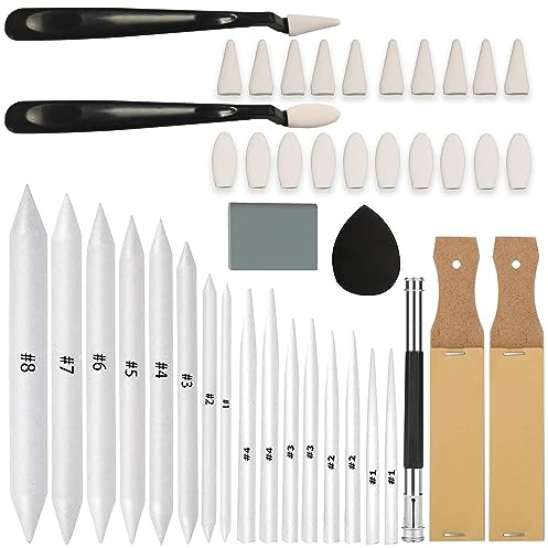 43 PCS Blending Stumps and Tortillions Paper Art Blenders Sketch Drawing | Sketch Wipe Scrapers,Rub Sponge,Kneaded Eraser,Sandpaper Sharpeners,Pencil Extension,Replacement Heads ,Washable Reusable